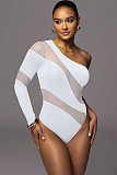 Sexy Oblique Shoulder Mesh Patchwork Stripes Hollow-out One-shoulder Bodysuit HXZY-0339