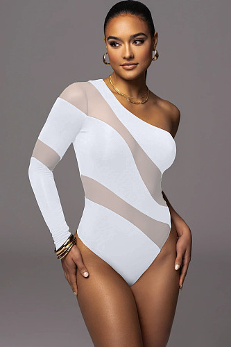 Sexy Oblique Shoulder Mesh Patchwork Stripes Hollow-out One-shoulder Bodysuit HXZY-0339