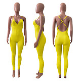 Women Sleeveless V-Neck Solid Ribbed Open Back Cross Summer Activewear Sexy One Piece Jumpsuit NIK-252