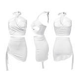 Summer Hot Sexy Solid Color Sleeveless Hollow Out Halter Crop Top Bandage Skirt Skinny Two Piece Set NIK-248