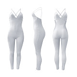 Women Sleeveless V-Neck Solid Ribbed Open Back Cross Summer Activewear Sexy One Piece Jumpsuit NIK-252