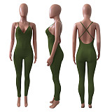 Women Sleeveless V-Neck Solid Ribbed Open Back Cross Summer Activewear Sexy One Piece Jumpsuit NIK-252