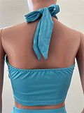 Summer Hot Sexy Solid Color Sleeveless Hollow Out Halter Crop Top Bandage Skirt Skinny Two Piece Set NIK-248