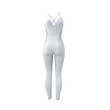 Women Sleeveless V-Neck Solid Ribbed Open Back Cross Summer Activewear Sexy One Piece Jumpsuit NIK-252