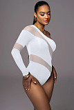Sexy Oblique Shoulder Mesh Patchwork Stripes Hollow-out One-shoulder Bodysuit HXZY-0339