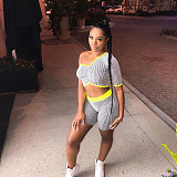 Leisure Stripe Single Sleeve Sport 2 Pieces Short Suits NIK-098