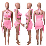 Summer Hot Sexy Solid Color Sleeveless Hollow Out Halter Crop Top Bandage Skirt Skinny Two Piece Set NIK-248