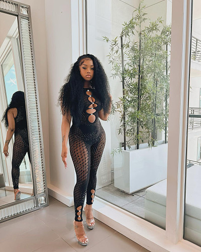 Hot Drill Sleeveless Sexy Sheer Mesh Jumpsuits NIK-317