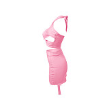 Summer Hot Sexy Solid Color Sleeveless Hollow Out Halter Crop Top Bandage Skirt Skinny Two Piece Set NIK-248