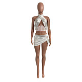 Cross Halter Corset Crop Top Lace Up Mini Skirt Sets NIK-292
