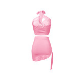 Summer Hot Sexy Solid Color Sleeveless Hollow Out Halter Crop Top Bandage Skirt Skinny Two Piece Set NIK-248