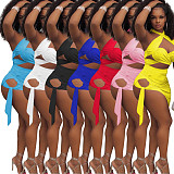 Summer Hot Sexy Solid Color Sleeveless Hollow Out Halter Crop Top Bandage Skirt Skinny Two Piece Set NIK-248
