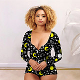 Button-down Print Home Wear Long Sleeve Leotard Bodysuit NIK-204