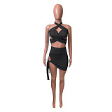 Summer Hot Sexy Solid Color Sleeveless Hollow Out Halter Crop Top Bandage Skirt Skinny Two Piece Set NIK-248