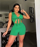 Cut Out Sleeveless Lace Up Skinny Knit Rib Romper NIK-306