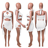 Summer Hot Sexy Solid Color Sleeveless Hollow Out Halter Crop Top Bandage Skirt Skinny Two Piece Set NIK-248