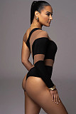 Sexy Oblique Shoulder Mesh Patchwork Stripes Hollow-out One-shoulder Bodysuit HXZY-0339