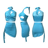 Summer Hot Sexy Solid Color Sleeveless Hollow Out Halter Crop Top Bandage Skirt Skinny Two Piece Set NIK-248