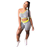 Leisure Stripe Single Sleeve Sport 2 Pieces Short Suits NIK-098