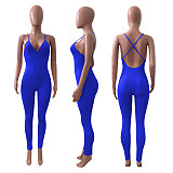 Women Sleeveless V-Neck Solid Ribbed Open Back Cross Summer Activewear Sexy One Piece Jumpsuit NIK-252