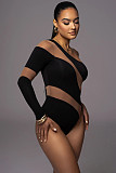 Sexy Oblique Shoulder Mesh Patchwork Stripes Hollow-out One-shoulder Bodysuit HXZY-0339