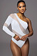 Sexy Oblique Shoulder Mesh Patchwork Stripes Hollow-out One-shoulder Bodysuit HXZY-0339