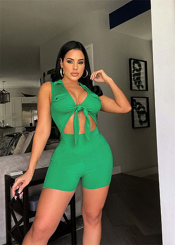Cut Out Sleeveless Lace Up Skinny Knit Rib Romper NIK-306