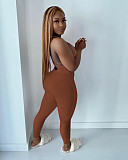 Women Sleeveless V-Neck Solid Ribbed Open Back Cross Summer Activewear Sexy One Piece Jumpsuit NIK-252