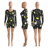 Button-down Print Home Wear Long Sleeve Leotard Bodysuit NIK-204