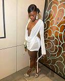 Solid Color Mesh Deep-V Sexy Backless Bandage Mini Skirts Sets NIK-277