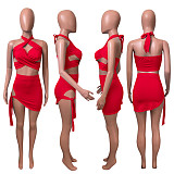 Summer Hot Sexy Solid Color Sleeveless Hollow Out Halter Crop Top Bandage Skirt Skinny Two Piece Set NIK-248