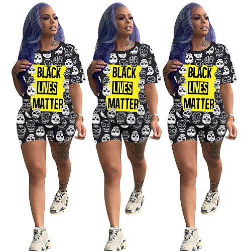 Skullcap Monogrammed Short-sleeved T-shirt + Tight Pants Two-piece Set NIK-129
