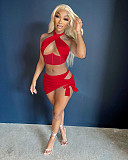 Cross Halter Corset Crop Top Lace Up Mini Skirt Sets NIK-292