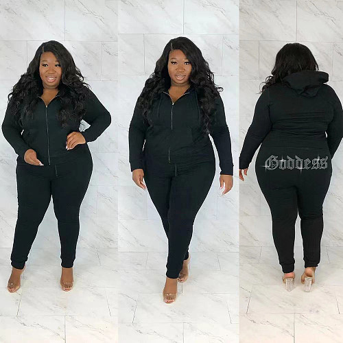 Plus Size Hooded Zip Coat Hot Drilling Pants Set WA-77298