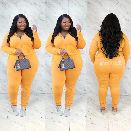 Plus Size Hooded Zip Coat Hot Drilling Pants Set WA-77298