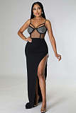 Sexy Mesh Sheer Hot Drill High Split Sling Maxi Dresses OD-8503