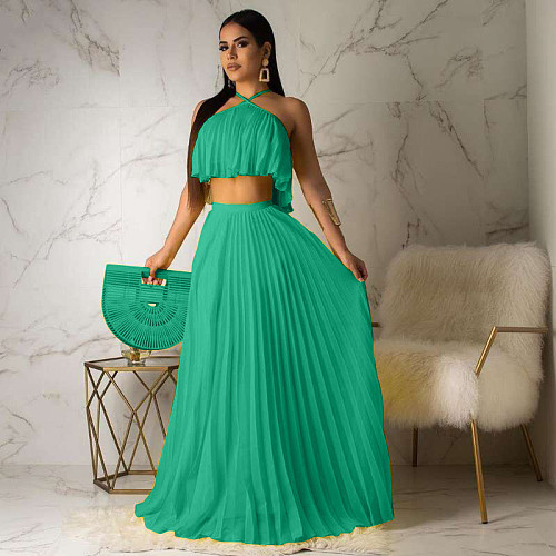 Sexy Pleated Crop Top with Floor-length Maxi Skirt 2 Pieces Set OD-8284