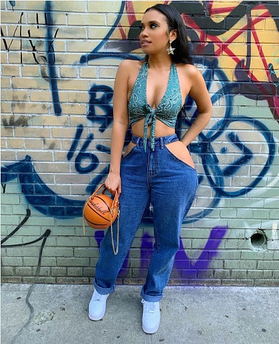 Women High-waisted Elastic Casual Ripped Jeans FSL-216