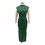 Elegant Plaid Print Sleeveless O Neck Bodycon Dresses HANI-096
