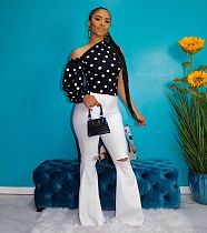 Digital Printed Wave Point Slanted Single-Sleeve Bubble Sleeve Top OD-8355