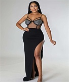 Sexy Mesh Sheer Hot Drill High Split Sling Maxi Dresses OD-8503