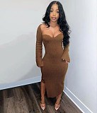 Low Cut Long Sleeve Side Slit Knitted Dress HANI-062