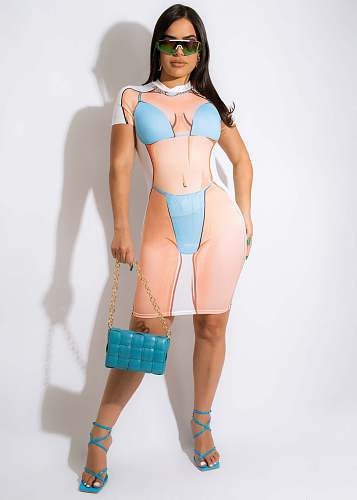 Short Sleeve 3D Body Print Bodycon Mini Dresses OD-8504