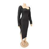 Low Cut Long Sleeve Side Slit Knitted Dress HANI-062