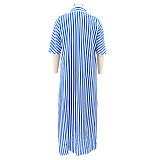 Half Sleeve Turn Down Collar Button Striped Shirt Dress HANI-041