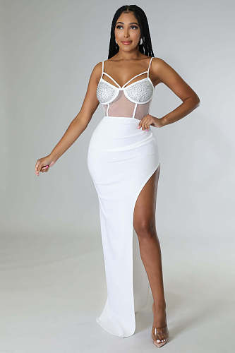 Sexy Mesh Sheer Hot Drill High Split Sling Maxi Dresses OD-8503