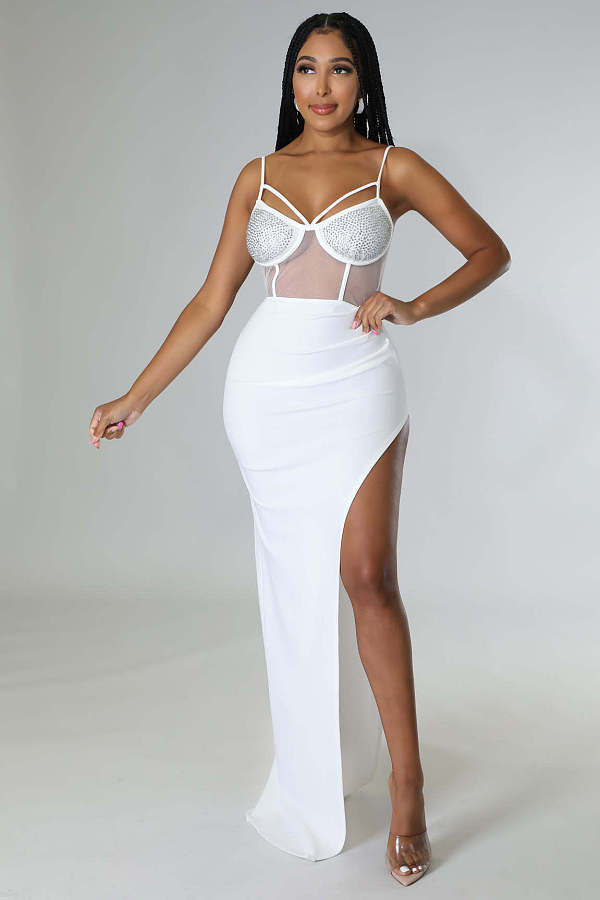 Sexy Mesh Sheer Hot Drill High Split Sling Maxi Dresses OD-8503