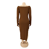 Low Cut Long Sleeve Side Slit Knitted Dress HANI-062