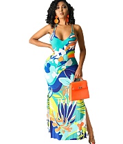 Floral Print V Neck Backless Slit Bodycon Maxi Dress HANI-025