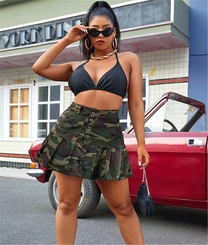 Camo Print High Waist Button Pleated Mini Skirt OD-8586